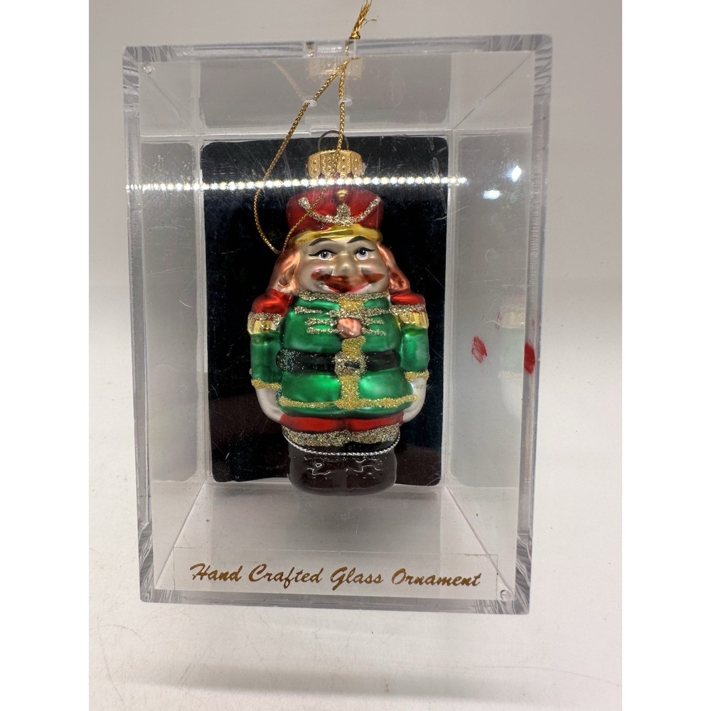 Handcrafted Glass‎ Nutcracker Ornament in Display Case Christmas Holiday Decor